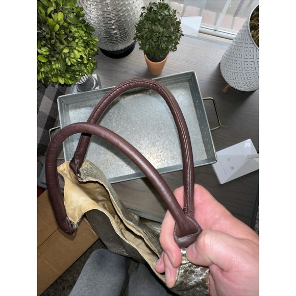 Neiman Marcus Gold Metallic Tote Python Snakeskin Shoulder Bag Purse Fish Scale - Picture 6 of 6